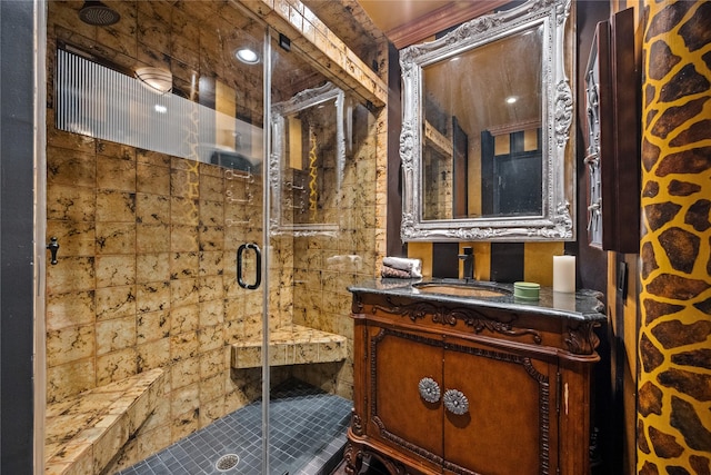 full bath featuring a stall shower and vanity