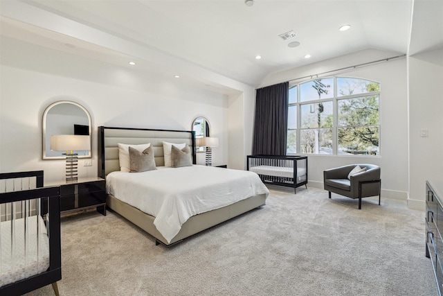 carpeted bedroom with recessed lighting, visible vents, baseboards, and vaulted ceiling