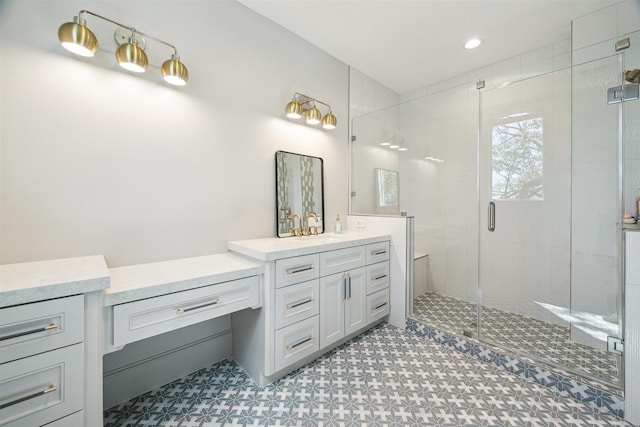 full bathroom with tile patterned floors, a stall shower, and vanity