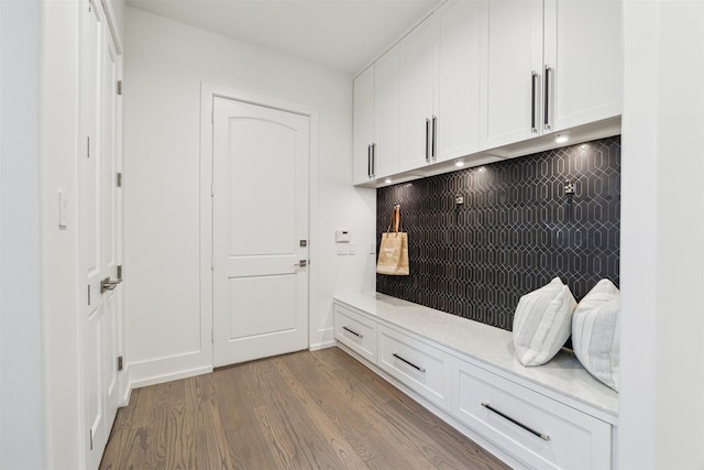 mudroom featuring dark wood-style flooring