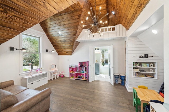 recreation room with wood finished floors, baseboards, an inviting chandelier, vaulted ceiling, and wood ceiling