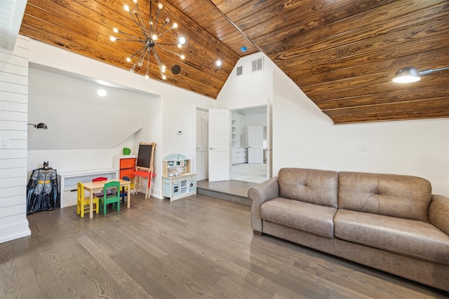 living area featuring visible vents, a notable chandelier, high vaulted ceiling, wood finished floors, and wooden ceiling