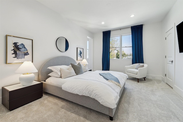 bedroom featuring recessed lighting, baseboards, and carpet floors