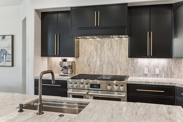 kitchen with a sink, decorative backsplash, dark cabinetry, and stainless steel range