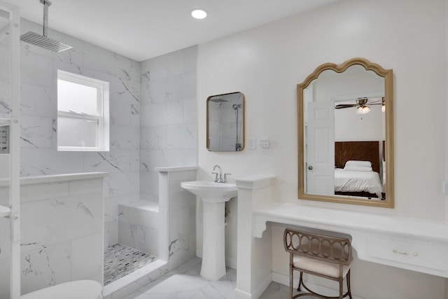 ensuite bathroom featuring marble finish floor, ensuite bathroom, recessed lighting, a marble finish shower, and ceiling fan