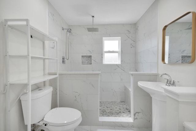 full bath with toilet, visible vents, and walk in shower