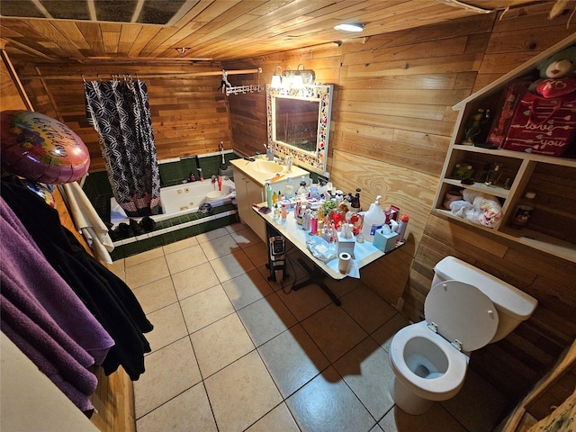 full bath with tile patterned floors, toilet, tiled shower / bath combo, wooden walls, and wooden ceiling