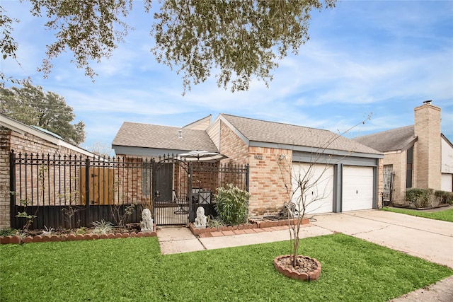 view of front facade featuring fence, an attached garage, a front lawn, concrete driveway, and brick siding