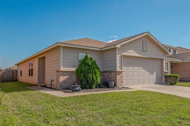 ranch-style house featuring brick siding, fence, concrete driveway, a front yard, and a garage