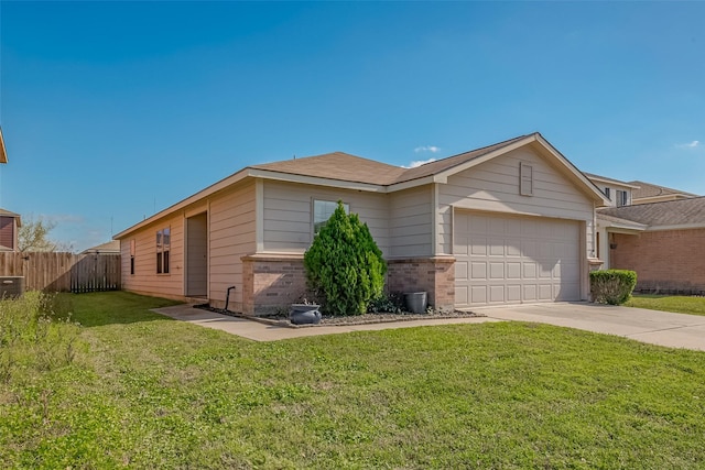 ranch-style home featuring brick siding, fence, concrete driveway, a front yard, and a garage