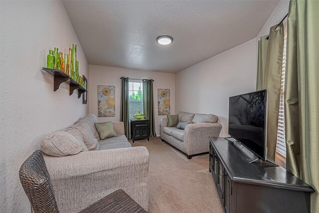 living room featuring light carpet and a textured ceiling