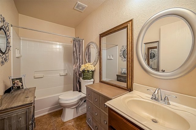 full bathroom with visible vents, toilet, tile patterned floors, vanity, and shower / bathtub combination with curtain