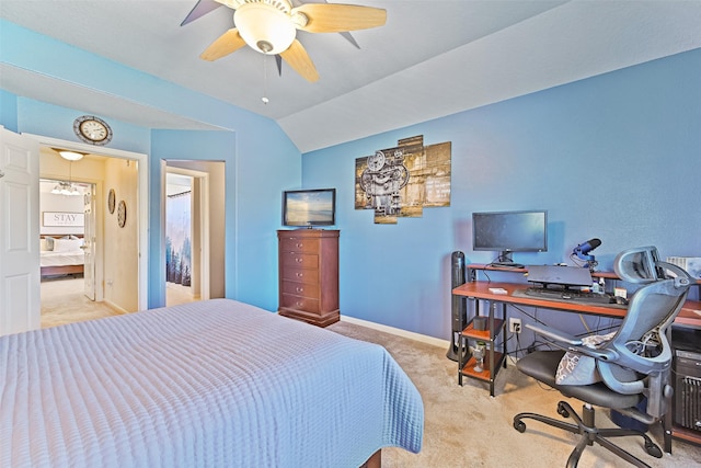 bedroom with lofted ceiling, carpet flooring, baseboards, and ceiling fan