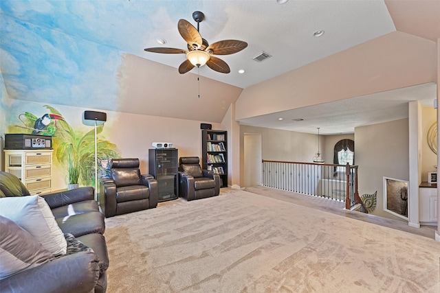 living area featuring visible vents, recessed lighting, carpet, ceiling fan, and vaulted ceiling