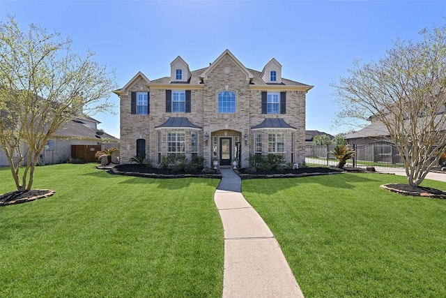 view of front of home featuring a front lawn, fence, and brick siding