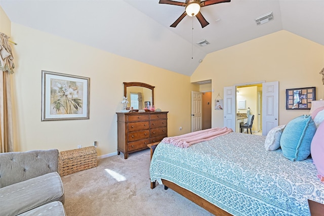 bedroom featuring a ceiling fan, lofted ceiling, light colored carpet, and visible vents