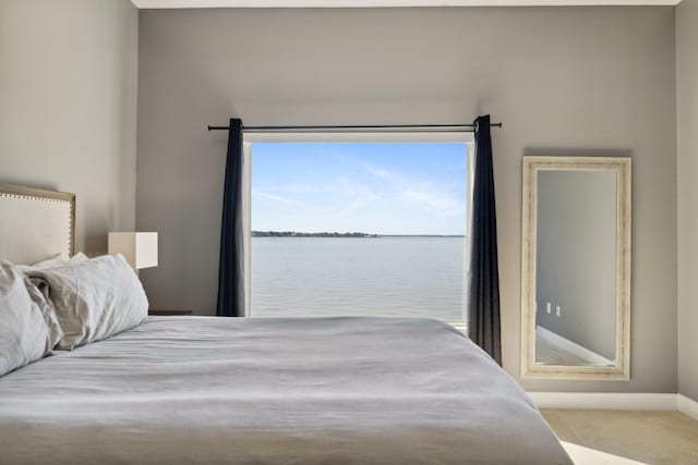 bedroom with carpet flooring, baseboards, and a water view