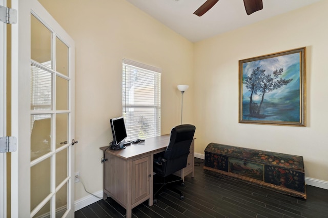 office with a ceiling fan, dark wood-style flooring, and baseboards