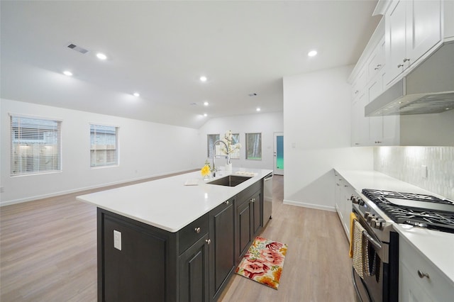 kitchen with light wood-style flooring, a sink, appliances with stainless steel finishes, white cabinets, and light countertops