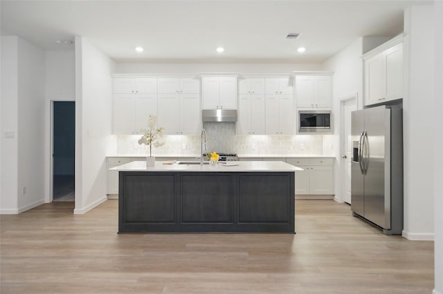 kitchen featuring a sink, stainless steel appliances, white cabinets, under cabinet range hood, and tasteful backsplash