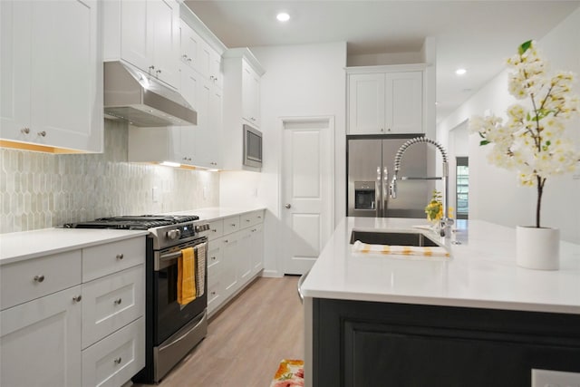 kitchen featuring under cabinet range hood, a sink, tasteful backsplash, stainless steel appliances, and light countertops