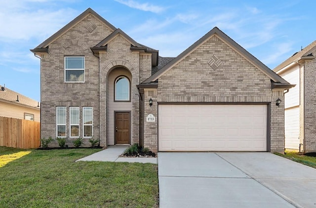 view of front of home with a garage, brick siding, driveway, and fence