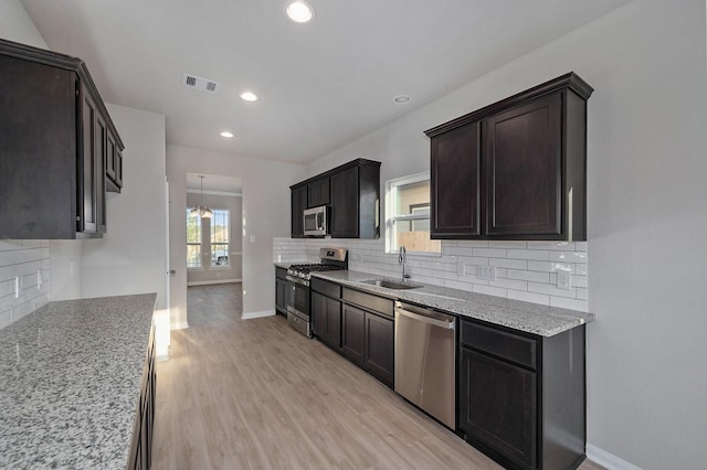 kitchen with visible vents, light wood-style flooring, a sink, appliances with stainless steel finishes, and backsplash