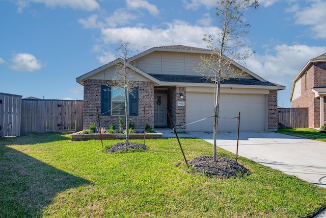 view of front of house featuring brick siding, a front lawn, fence, concrete driveway, and a garage