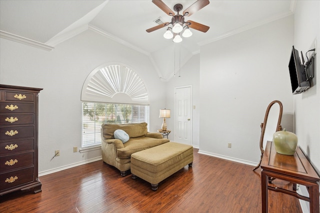 living area featuring crown molding, lofted ceiling, and dark wood-style flooring