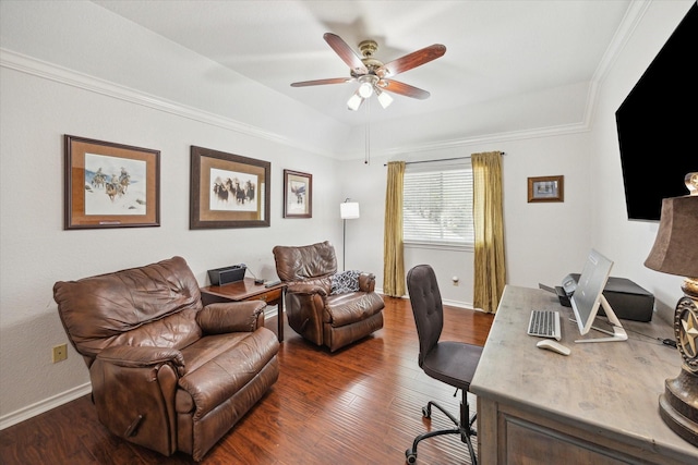 office with dark wood finished floors, ornamental molding, baseboards, and ceiling fan