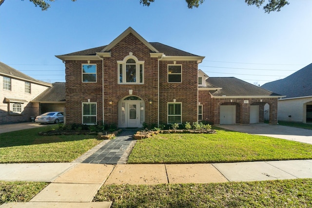 colonial-style house with a front yard, brick siding, and a garage