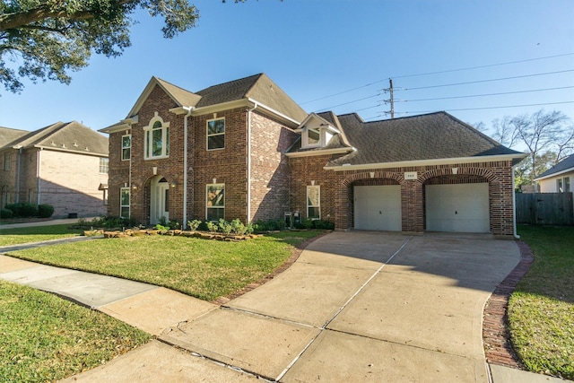 view of front of property with a front yard, concrete driveway, brick siding, and a garage