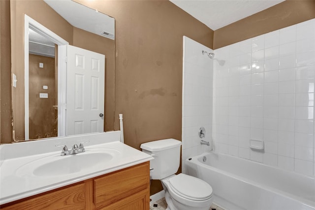 full bath featuring vanity, toilet, visible vents, and shower / washtub combination