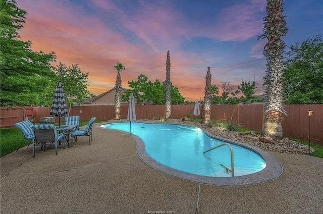 view of pool featuring a patio area, outdoor dining area, a fenced backyard, and a fenced in pool