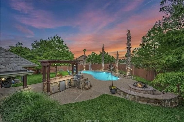 view of pool with an outdoor fire pit, a fenced backyard, area for grilling, a pergola, and a patio