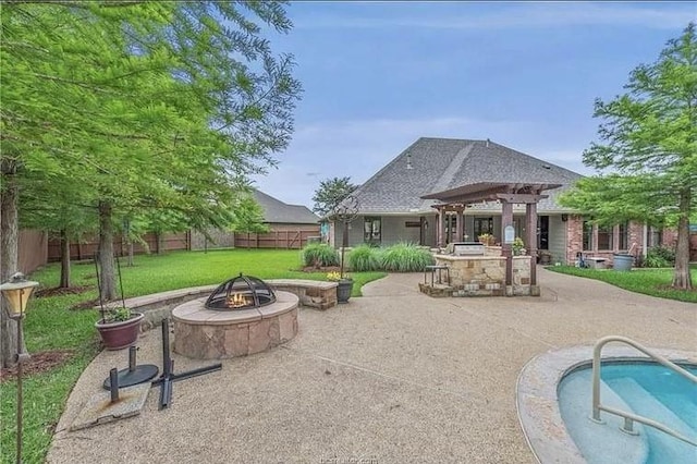 view of patio with an outdoor pool, a fire pit, a fenced backyard, a grill, and a pergola