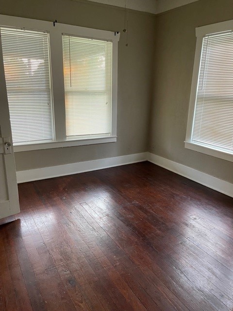 unfurnished room with a healthy amount of sunlight, baseboards, and wood-type flooring