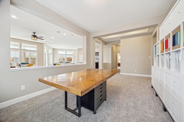 office featuring recessed lighting, light colored carpet, a ceiling fan, and baseboards