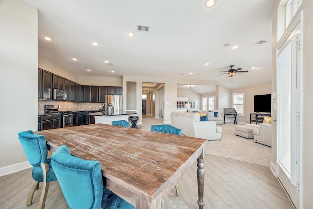 dining area with recessed lighting, visible vents, baseboards, and a ceiling fan