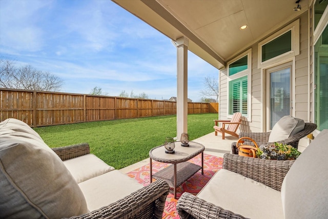 view of patio / terrace with a fenced backyard and outdoor lounge area