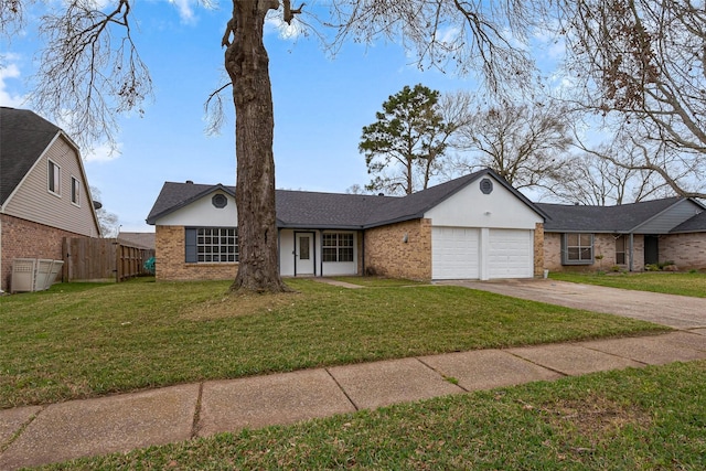 view of front of house featuring concrete driveway, a garage, brick siding, and a front lawn