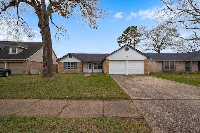 view of front of property featuring driveway, roof with shingles, a front lawn, a garage, and brick siding