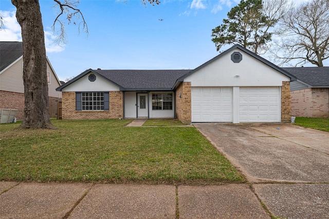 view of front of property with concrete driveway, a garage, brick siding, and a front yard