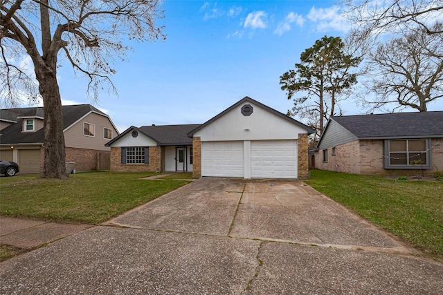 view of front of property featuring concrete driveway, a garage, brick siding, and a front lawn