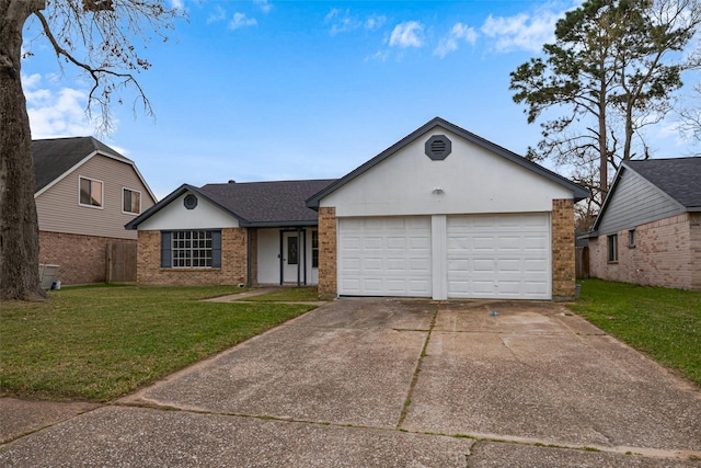 ranch-style home featuring a front yard, a shingled roof, concrete driveway, a garage, and brick siding