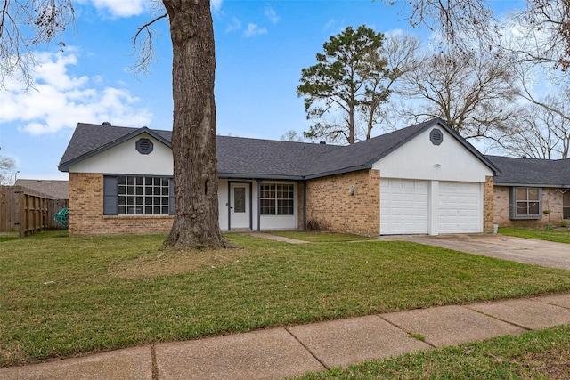 single story home with brick siding, driveway, a garage, and fence