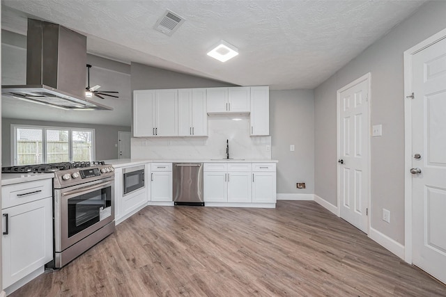 kitchen featuring visible vents, light wood-style floors, stainless steel appliances, wall chimney exhaust hood, and a sink