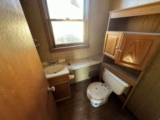 bathroom featuring toilet, wood walls, and vanity