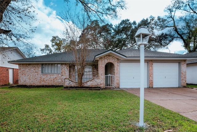 ranch-style home with a front lawn, an attached garage, brick siding, and driveway