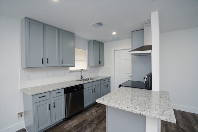 kitchen featuring black range with electric cooktop, dark wood-style flooring, stainless steel dishwasher, wall chimney exhaust hood, and a sink